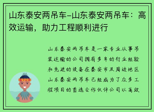 山东泰安两吊车-山东泰安两吊车：高效运输，助力工程顺利进行