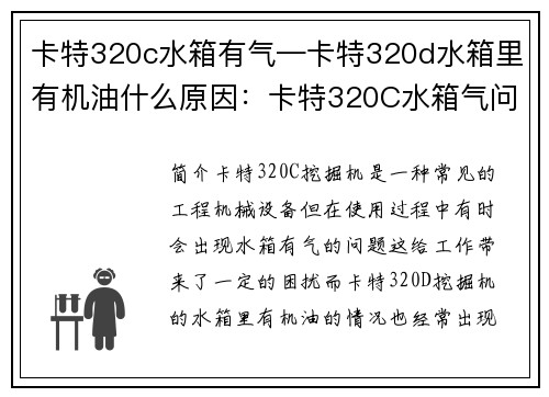 卡特320c水箱有气—卡特320d水箱里有机油什么原因：卡特320C水箱气问题解决方案
