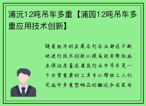 浦沅12吨吊车多重【浦园12吨吊车多重应用技术创新】